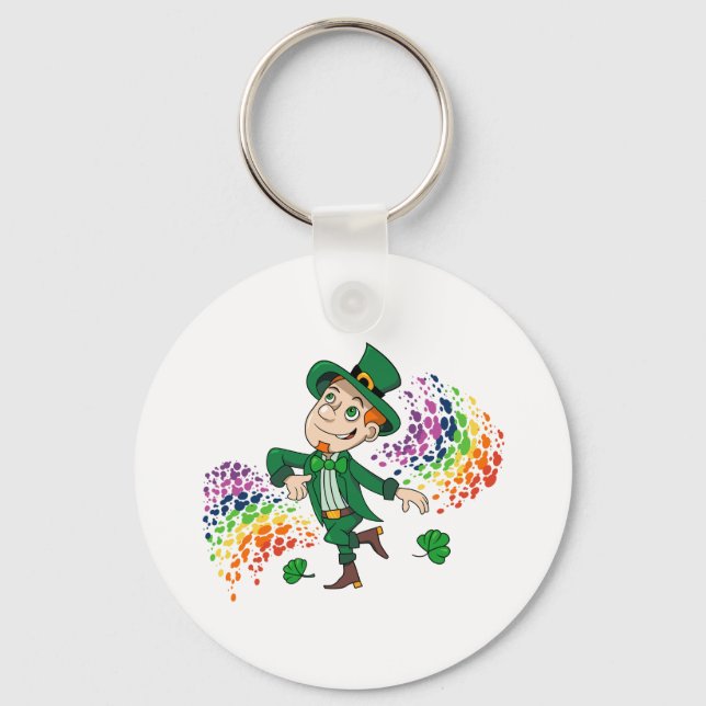 Cute happy smiling dancing leprechaun, a rainbow  key ring (Front)