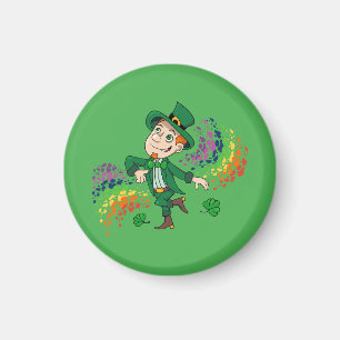 Cute happy smiling dancing leprechaun, a rainbow magnet