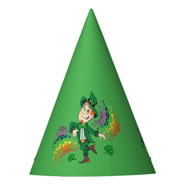 Cute happy smiling dancing leprechaun, a rainbow  party hat (Front)