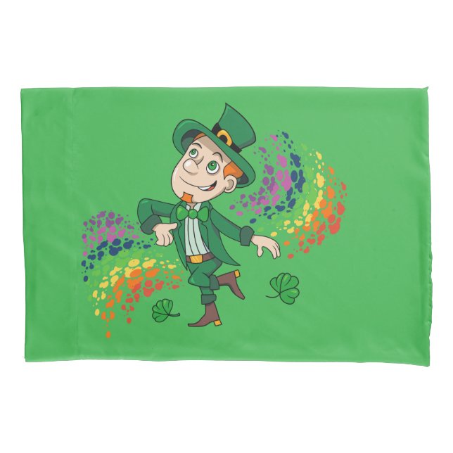 Cute happy smiling dancing leprechaun, a rainbow  pillowcase (Front)