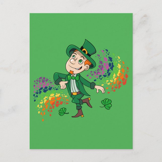 Cute happy smiling dancing leprechaun, a rainbow  postcard (Front)