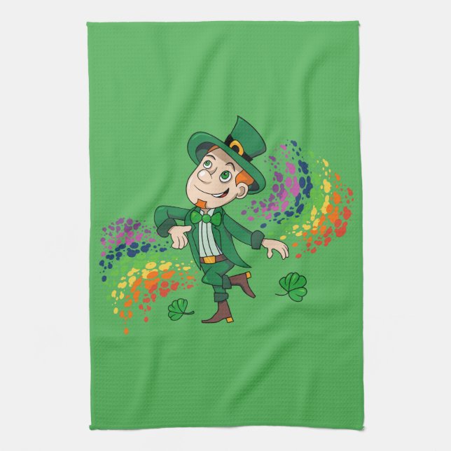 Cute happy smiling dancing leprechaun, a rainbow  tea towel (Vertical)