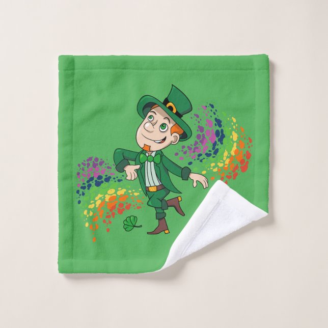 Cute happy smiling dancing leprechaun, a rainbow  wash cloth (Wash Cloth)