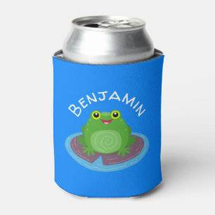 Cute happy smiling green frog cartoon illustration can cooler