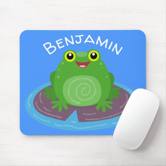 Cute happy smiling green frog cartoon illustration mouse pad (With Mouse)