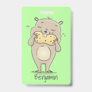 Cute happy smiling hamster with peanut cartoon ID badge