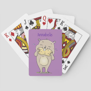 Cute happy smiling hamster with peanut cartoon playing cards