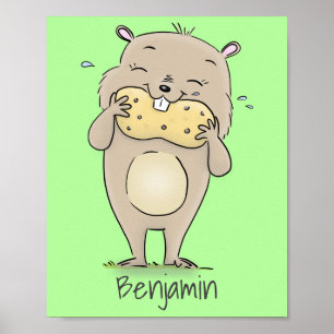 Cute happy smiling hamster with peanut cartoon poster