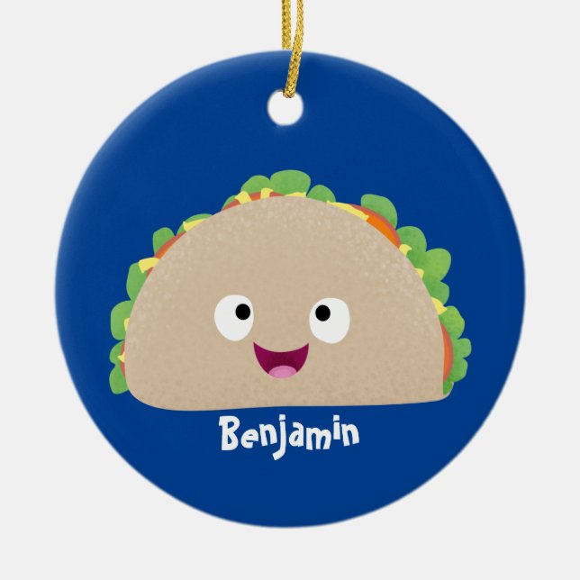 Cute happy smiling taco cartoon illustration  ceramic tree decoration (Front)