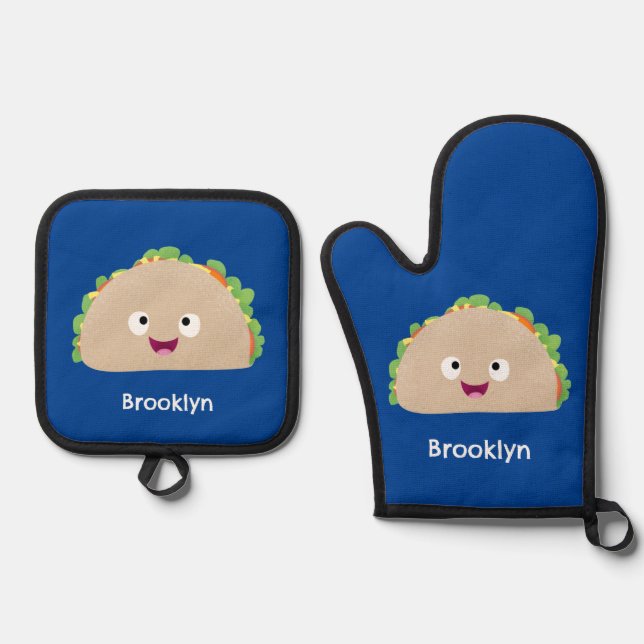Cute happy smiling taco cartoon illustration oven mitt & pot holder set (Front)