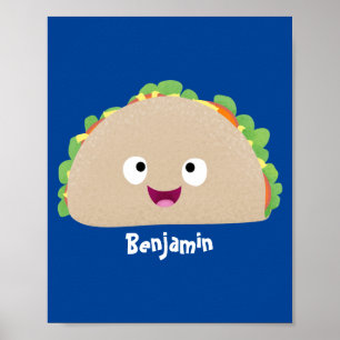 Cute happy smiling taco cartoon illustration poster