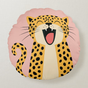 Cute Happy Smiling Wild Leopard Cartoon Round Cushion