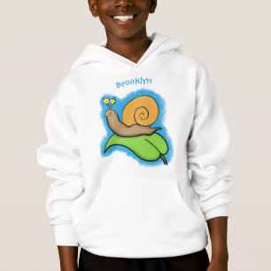 Cute, happy snail on a leaf cartoon illustration