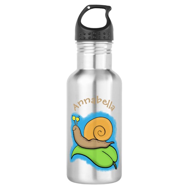 Cute, happy snail on a leaf cartoon illustration 532 ml water bottle (Front)