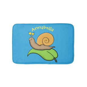 Cute, happy snail on a leaf cartoon illustration bath mat