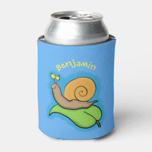 Cute, happy snail on a leaf cartoon illustration can cooler