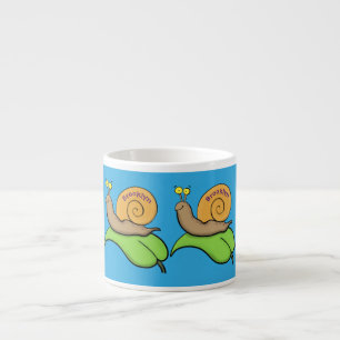 Cute, happy snail on a leaf cartoon illustration espresso cup