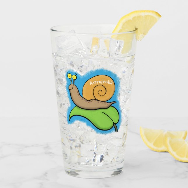 Cute, happy snail on a leaf cartoon illustration glass (Back Ice)