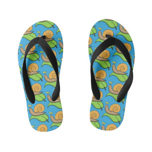 Cute, happy snail on a leaf cartoon illustration kid's jandals