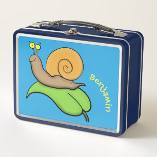 Cute, happy snail on a leaf cartoon illustration metal lunch box