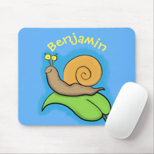 Cute, happy snail on a leaf cartoon illustration mouse pad