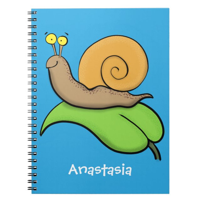 Cute, happy snail on a leaf cartoon illustration notebook (Front)