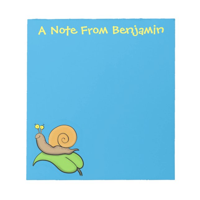 Cute, happy snail on a leaf cartoon illustration notepad (Front)