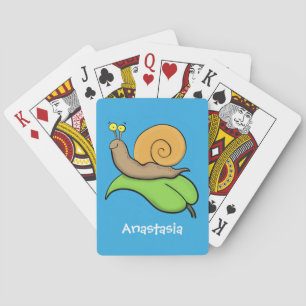 Cute, happy snail on a leaf cartoon illustration playing cards