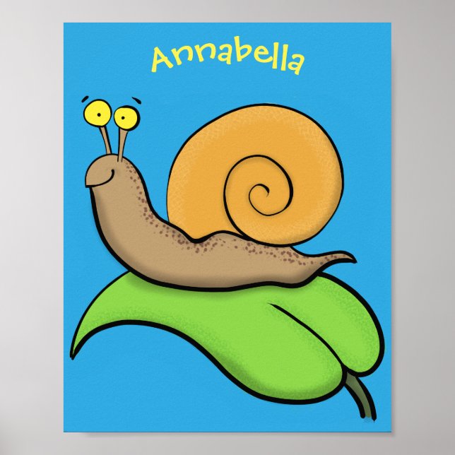 Cute, happy snail on a leaf cartoon illustration poster (Front)