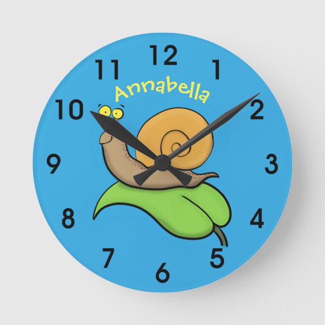 Cute, happy snail on a leaf cartoon illustration round clock (Front)