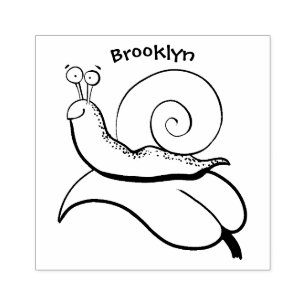 Cute, happy snail on a leaf cartoon illustration rubber stamp