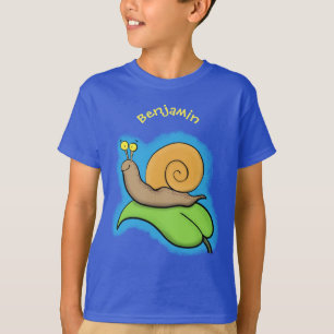 Cute, happy snail on a leaf cartoon illustration T-Shirt