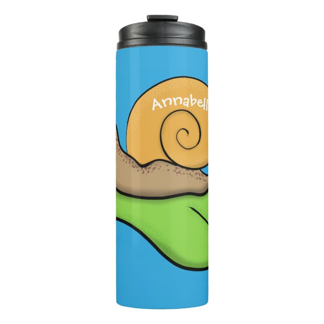 Cute, happy snail on a leaf cartoon illustration thermal tumbler (Front)