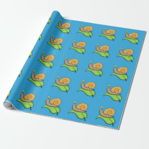 Cute, happy snail on a leaf cartoon illustration wrapping paper