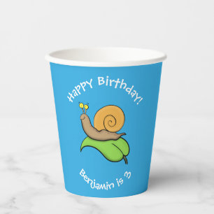 Cute, happy snail personalised cartoon birthday paper cups