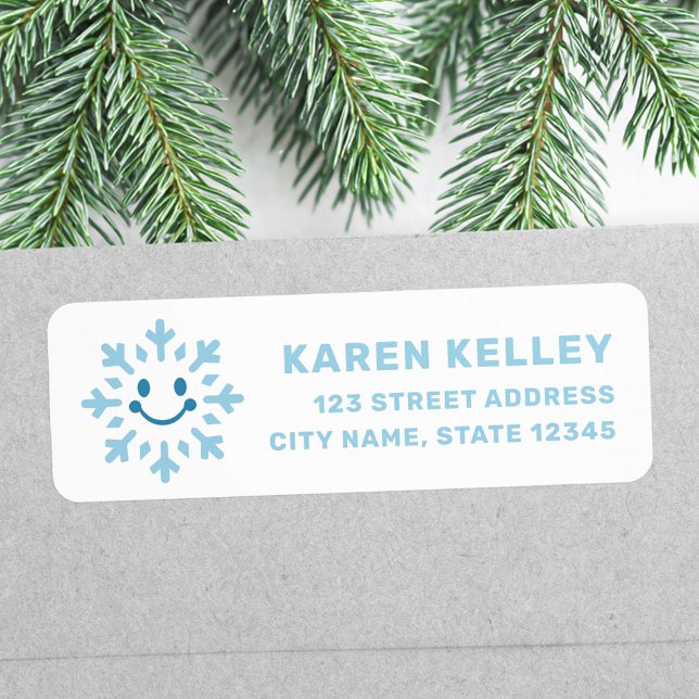 Cute happy snowflake blue white return address (Cute happy snowflake blue white return address label)