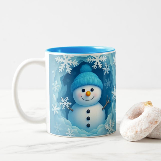 Cute Happy Snowman Face Personalized Coffee Mug (With Donut)