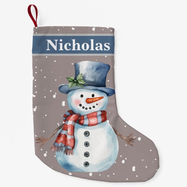 Cute Happy Snowman Grey Snow Background Small Christmas Stocking (Front)