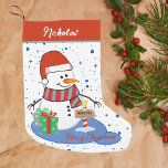 Cute Happy Snowman Northpole Small Christmas Stocking<br><div class="desc">Personalised Snowman Christmas Stocking Add a touch of holiday happiness with this charming snowman Christmas stocking! Set against a snowy winter background, this stocking features a cheerful snowman with gifts and a festive "Merry Christmas" greeting. Easily customise the name at the top for a one-of-a-kind holiday keepsake that will delight...</div>