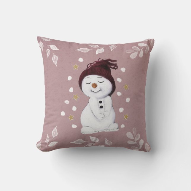 Cute Happy Snowman Pink Christmas Holiday Cushion (Front)