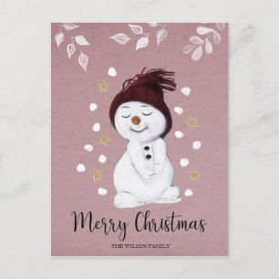 Cute Happy Snowman Pink Christmas Holiday Postcard