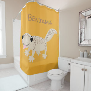 Cute happy spotted tan gecko cartoon illustration shower curtain