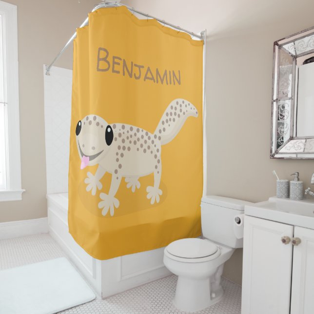 Cute happy spotted tan gecko cartoon illustration shower curtain (In Situ)