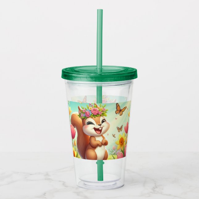 Cute, happy springtime squirrel  acrylic tumbler (Front)