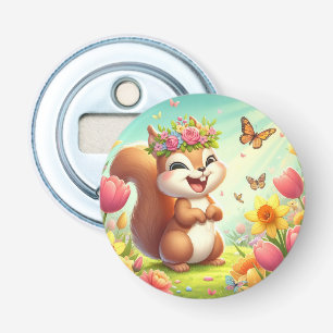 Cute, happy springtime squirrel bottle opener