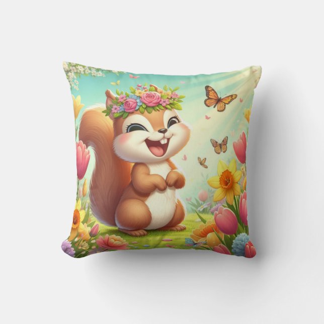 Cute, happy springtime squirrel  cushion (Front)