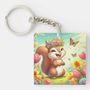 Cute, happy springtime squirrel  key ring