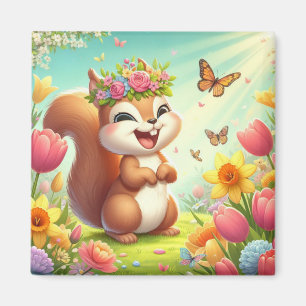 Cute, happy springtime squirrel magnet