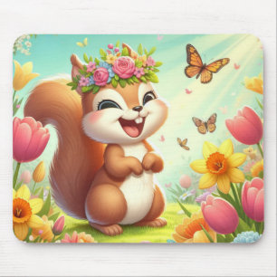 Cute, happy springtime squirrel  mouse pad