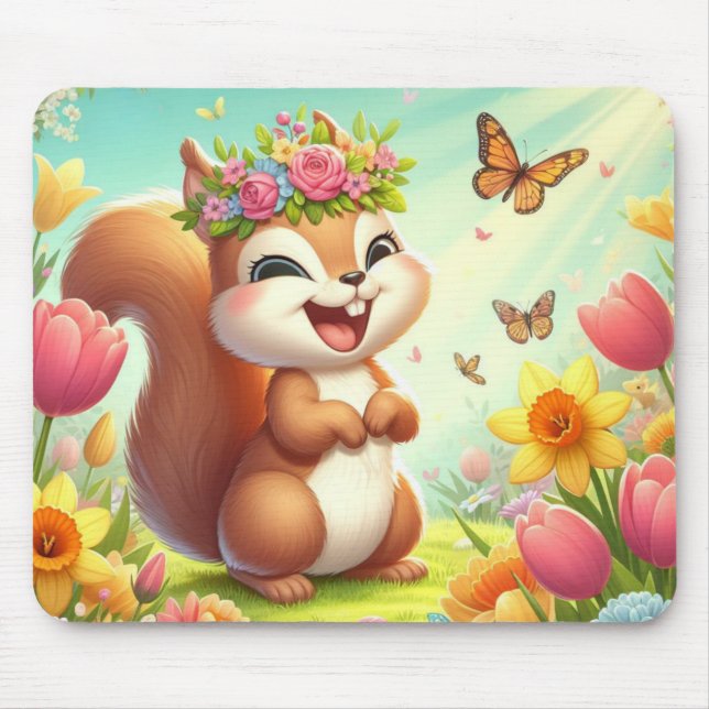Cute, happy springtime squirrel  mouse pad (Front)